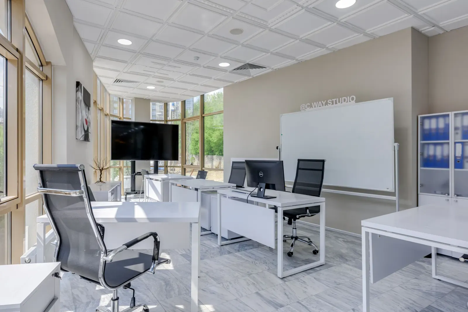 Bright, spotless open office workspace